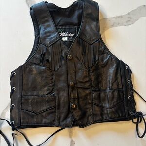 Boys Black Leather Fringe Vest size Large with adjustable side Made in Mexcio